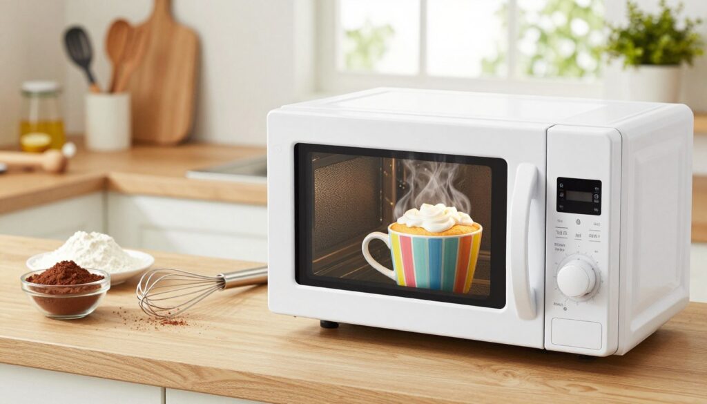 A cozy kitchen setting showcasing a vibrant microwave oven in the foreground, gleaming in bright white. The microwave door is slightly ajar, revealing a colorful mug filled with a fluffy cake batter, steaming softly after being freshly microwaved. In the middle ground, a wooden countertop is adorned with scattered baking ingredients: flour, a small bowl of cocoa powder, and a whisk, adding to the baking theme. Soft, natural light filters through a nearby window, creating a warm, inviting atmosphere. Background elements include a bright kitchen utensil rack and a potted plant, enhancing the homely vibe. The overall mood is cheerful and satisfying, inviting readers to visualize the step-by-step process of making instant mug cake in a microwave.