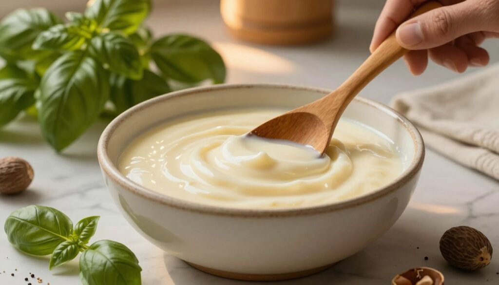A creamy, rich béchamel sauce in a rustic ceramic bowl, elegantly stirred with a wooden spoon. The foreground features aromatic herbs like nutmeg and basil subtly sprinkled around, hinting at flavor enhancement. In the middle, the béchamel is thick and glossy, with a slight sheen reflecting soft, warm kitchen light. The background showcases a cozy Italian kitchen setting with lush basil plants and a vintage marble countertop, creating an inviting atmosphere. The lighting is warm and diffused, reminiscent of late afternoon sun, casting gentle shadows that highlight the texture of the sauce. The overall mood is inviting and wholesome, perfect for illustrating a culinary delight in a comforting home setting.