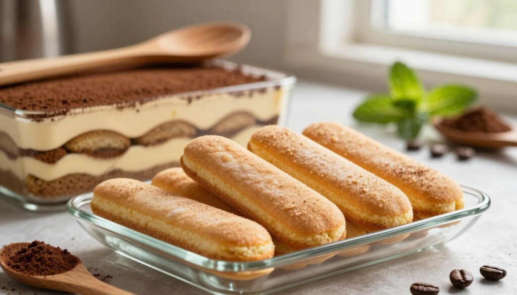 A delectable arrangement of layers showcasing savoiardi biscuits for tiramisu preparation. In the foreground, a clear glass dish highlights the soft, delicate texture of the sponge fingers, arranged in a precise, overlapping manner. Each biscuit gleams subtly, dusted with a fine coating of cocoa powder. The middle ground reveals a rich, velvety mascarpone cream layer, with hints of espresso running through it, creating a luscious contrast. In the background, a soft-focus kitchen setting adds warmth, adorned with rustic wooden utensils and ingredients like cocoa powder, coffee beans, and a sprig of mint. The lighting is warm and inviting, simulating soft sunlight streaming through a nearby window, capturing the essence of a cozy home kitchen atmosphere.