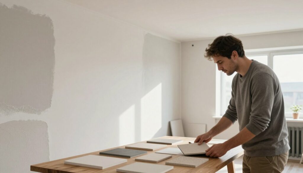 A detailed scene showcasing various wall and ceiling finishes in a modern interior setting. In the foreground, a professional in modest casual clothing examines samples of different types of plaster (gładź szpachlowa) on a wooden table, displaying smooth and textured surfaces. The middle ground features freshly coated walls and ceilings in distinct sections, highlighting the differences in texture and finish for specific conditions and substrates. The background presents a well-lit room with natural light streaming through a window, illuminating the textures while casting soft shadows. The overall atmosphere should be informative and professional, suggesting careful consideration for selecting the right finish for various environments and applications. A detailed scene showcasing various wall and ceiling finishes in a modern interior setting. In the foreground, a professional in modest casual clothing examines samples of different types of plaster (gładź szpachlowa) on a wooden table, displaying smooth and textured surfaces. The middle ground features freshly coated walls and ceilings in distinct sections, highlighting the differences in texture and finish for specific conditions and substrates. The background presents a well-lit room with natural light streaming through a window, illuminating the textures while casting soft shadows. The overall atmosphere should be informative and professional, suggesting careful consideration for selecting the right finish for various environments and applications.