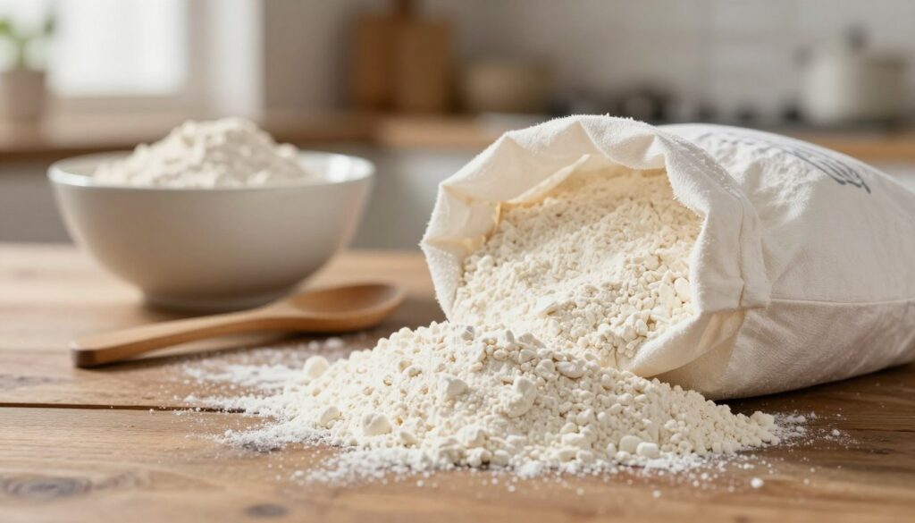 A finely detailed close-up scene of a bag of all-purpose wheat flour, elegantly displayed on a rustic wooden table. In the foreground, the textured flour spills gently from the opened bag, creating a soft white mound. The middle ground features a mixing bowl partially filled with the flour, with a wooden spoon resting nearby. In the background, there is a blurred view of an inviting, warm kitchen setting with subtle natural light streaming through a window, casting soft reflections. The overall mood is cozy and inviting, emphasizing the importance of high-quality ingredients for baking. The composition should be taken from a slightly elevated angle to capture the textures and colors effectively, highlighting the flour's fine quality.