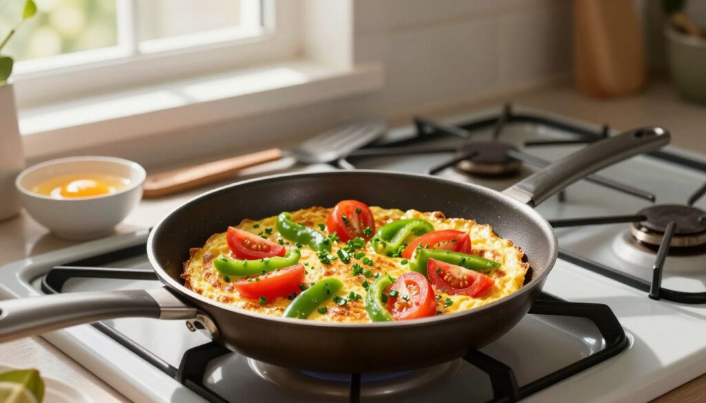 A fluffy vegetable omelet is cooking in a beautifully seasoned frying pan on a modern kitchen stove. In the foreground, the omelet is golden brown with vibrant green bell peppers, luscious red tomatoes, and finely chopped herbs like parsley and chives. The omelet is slightly puffed, showcasing its airy texture. The middle ground features kitchen utensils such as a spatula and a small bowl with freshly cracked eggs beside the stove, emitting a cozy cooking atmosphere. In the background, there is a sunlit window with soft, flowing curtains, giving a warm and inviting feel to the scene. The lighting is bright and natural, creating shadows that enhance the omelet's texture and color, capturing the essence of a fresh, homemade dish. A fluffy vegetable omelet is cooking in a beautifully seasoned frying pan on a modern kitchen stove. In the foreground, the omelet is golden brown with vibrant green bell peppers, luscious red tomatoes, and finely chopped herbs like parsley and chives. The omelet is slightly puffed, showcasing its airy texture. The middle ground features kitchen utensils such as a spatula and a small bowl with freshly cracked eggs beside the stove, emitting a cozy cooking atmosphere. In the background, there is a sunlit window with soft, flowing curtains, giving a warm and inviting feel to the scene. The lighting is bright and natural, creating shadows that enhance the omelet's texture and color, capturing the essence of a fresh, homemade dish.