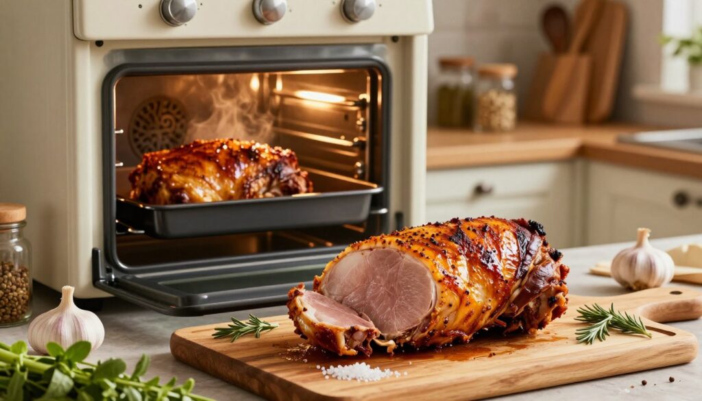 A kitchen scene showcasing the perfect roast pork loin being prepared for baking. In the foreground, a beautifully seasoned piece of pork is placed on a wooden cutting board, surrounded by fresh herbs, garlic, and coarse salt. In the middle ground, an oven stands open with mouth-watering golden-brown roasted pork, glistening under warm kitchen light, radiating a delicious aroma. In the background, a cozy kitchen with rustic decor, featuring shelves filled with spices and utensils, adds to the inviting atmosphere. The lighting is warm and soft, emphasizing the succulent textures of the meat and the vibrant colors of the ingredients. The overall mood is warm and homely, ideal for a cooking guide.