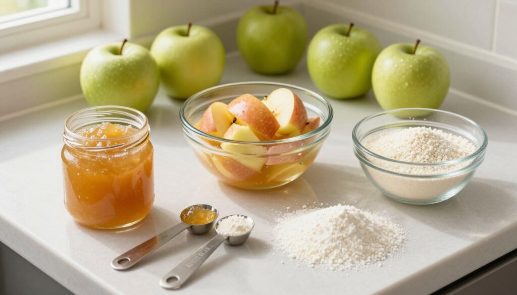 A modern kitchen countertop featuring various contemporary and healthy thickeners for apple puree, like agar-agar, xanthan gum, and cornstarch, arranged artistically. In the foreground, a jar of apple puree sits beside measuring spoons filled with each thickening agent. The middle layer showcases a sleek glass bowl with a portion of cooked apples, emphasizing texture and color. In the background, soft focus on green apples, light reflecting subtly on their skin, suggesting freshness. The lighting is warm and natural, coming from a nearby window, creating a homely atmosphere. Capture this scene from a top-down angle, highlighting the vibrant colors and textures that convey a sense of modern culinary innovation.