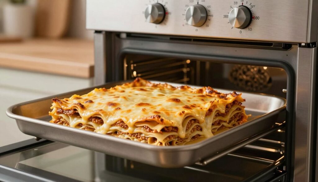 A modern kitchen setting showcasing an oven with its dials set for baking lasagna. In the foreground, a close-up of the oven temperature dial clearly indicating 375°F (190°C). The middle ground features a freshly assembled lasagna, its layers visible, with a golden-brown top layer melting cheese. The background includes a cozy kitchen ambiance with soft, warm lighting, highlighting stainless steel appliances and wooden countertops. The scene conveys a sense of warmth and homeliness, inviting viewers to understand the importance of oven settings for cooking raw pasta. The angle captures the oven in action, emphasizing the importance of temperature settings in achieving perfectly soft layers. A modern kitchen setting showcasing an oven with its dials set for baking lasagna. In the foreground, a close-up of the oven temperature dial clearly indicating 375°F (190°C). The middle ground features a freshly assembled lasagna, its layers visible, with a golden-brown top layer melting cheese. The background includes a cozy kitchen ambiance with soft, warm lighting, highlighting stainless steel appliances and wooden countertops. The scene conveys a sense of warmth and homeliness, inviting viewers to understand the importance of oven settings for cooking raw pasta. The angle captures the oven in action, emphasizing the importance of temperature settings in achieving perfectly soft layers.