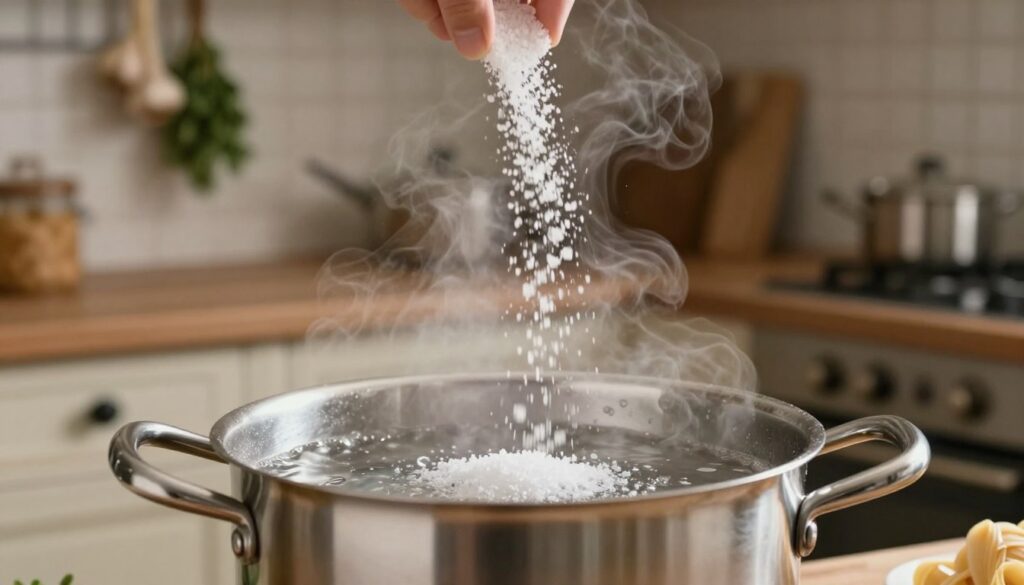 A pot of boiling water is the focal point in the foreground, with steam rising gently into the air. The pot is stainless steel, with a shiny surface reflecting the light. In the middle ground, a generous amount of coarse sea salt is being sprinkled into the water, capturing the moment of seasoning. In the background, a classic Italian kitchen is softly blurred, featuring rustic wooden cabinets and hanging garlic and herbs, creating an inviting atmosphere. Soft, warm lighting indicates a cozy cooking environment, enhancing the mood. The focus is sharp on the boiling water and salt, with a slight bokeh effect on the kitchen background, evoking the artistry of cooking pasta for carbonara.