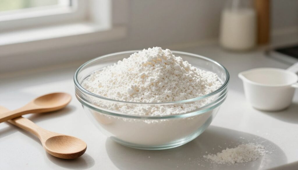 A pristine kitchen countertop is the focal point of the image, showcasing a clear glass bowl filled with white, fine potato starch, known as "mąka ziemniaczana." Surrounding the bowl are scattered, pristine kitchen utensils like a wooden spoon and a measuring cup, emphasizing the preparation process. In the background, soft natural light filters through a window, casting gentle shadows and creating a warm, inviting atmosphere. The focus should be on the texture of the potato starch, highlighting its fine granules and the slight sheen of freshness. The overall mood is bright and homey, ideal for illustrating a culinary moment. No human subjects should be present, ensuring a clean and unobstructed view of the ingredients in an organized kitchen setting.