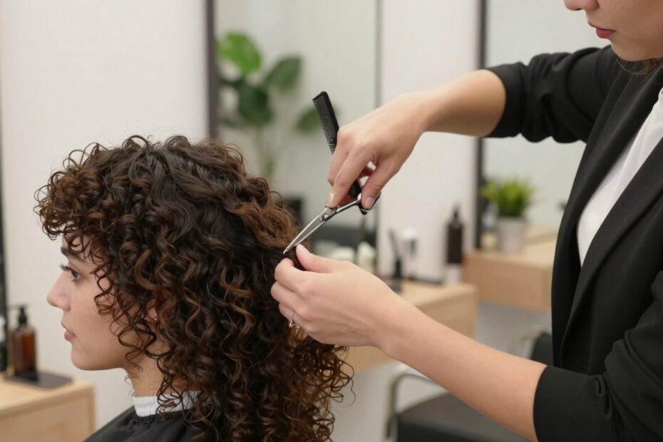 A professional hairstylist adjusting a woman’s hairstyle in a modern salon setting, focusing on her hair and face. The stylist, dressed in smart business attire, is using a comb and scissors to demonstrate how different hair lengths and shapes can enhance facial features. In the foreground, capture the stylist's hands delicately shaping the woman's curly hair, emphasizing volume control. The middle ground showcases the woman's profile, highlighting her features illuminated by soft, natural lighting that enhances the texture of her hair. In the background, the salon is elegantly decorated with mirrors and plants, creating a welcoming atmosphere. The mood is collaborative and educational, illustrating the art of matching hairstyles to face shapes and hair types.