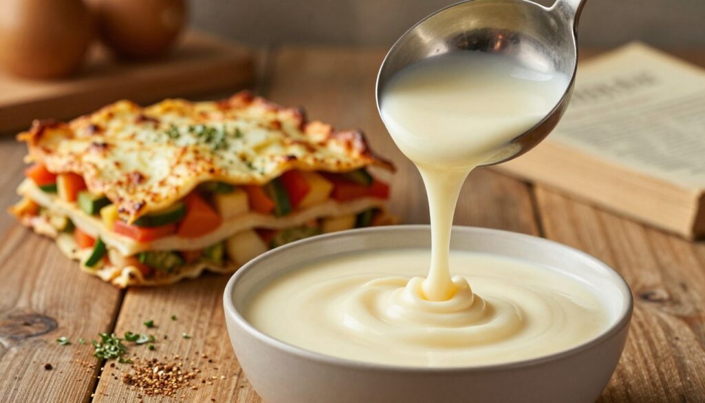 A rich, creamy béchamel sauce flowing gracefully from a polished stainless steel ladle, set against a rustic wooden kitchen table. The foreground features a bowl of smooth, velvety sauce, glistening under soft, warm lighting that highlights its texture. A splash of nutmeg and a sprinkling of fresh herbs are artistically scattered around the bowl, hinting at potential flavor variations. In the middle ground, a partially assembled lasagna awaits, with layers of vibrant vegetables and cheeses peeking out, showcasing the versatility of sauces. The background includes a warm, inviting kitchen scene with a hint of a soft-focus vintage cookbook, creating a cozy culinary atmosphere. The overall mood is inspirational and appetizing, encouraging creativity in classic dishes.