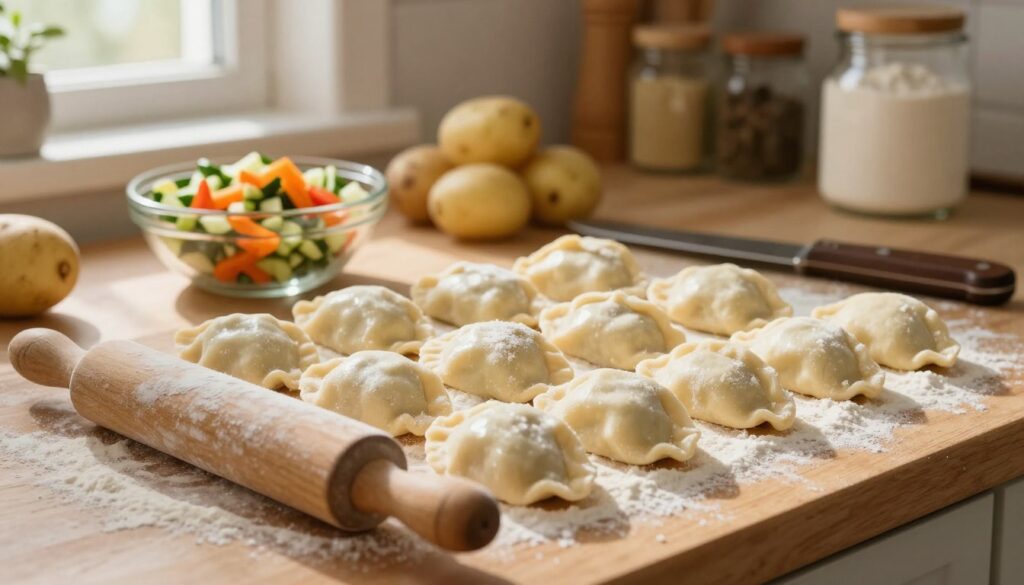 A rustic kitchen countertop is filled with freshly made dough for pierogi, showcasing its soft, pliable texture and slight sheen, hinting at perfect moisture levels. The foreground captures a rolling pin dusted with flour, poised above the dough, alongside a wooden board adorned with scattered flour. In the middle ground, a bowl of finely chopped vegetables and potatoes, vividly colored, sits invitingly within reach, along with a knife and other kitchen utensils, suggesting preparation. The background features shelves stocked with ingredients like flour and jars of spices, softly blurred to emphasize the foreground action. Warm, natural sunlight filters through a nearby window, casting gentle shadows and creating an inviting, cozy atmosphere, perfect for cooking and learning about dough-making techniques.