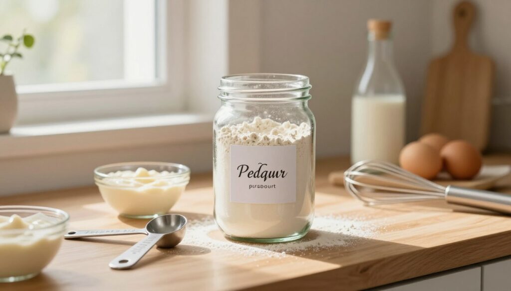 A soft, warm kitchen setting with a wooden countertop in the foreground. A clear glass jar filled with potato flour, labeled elegantly, sits prominently on the counter. Surrounding the jar are measuring spoons, a small bowl with a creamy mixture, and a whisk, hinting at baking in progress. In the middle ground, a gentle, natural light streams in from a nearby window, casting a cozy glow on the scene. The background includes soft-focus glimpses of baking ingredients like eggs and milk, creating an inviting atmosphere. The overall mood is inviting and homely, conveying the idea of culinary creativity and ingredient exploration without clutter.