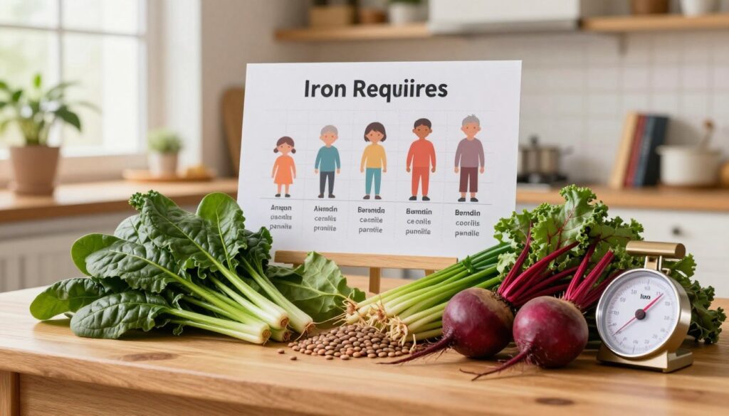 A vibrant and informative scene depicting daily iron requirements in Poland, focusing on various iron-rich vegetables. In the foreground, a wooden table displays an assortment of fresh vegetables such as spinach, kale, lentils, and beetroot, artfully arranged to highlight their colors and textures, with a small scale measuring iron content nearby. The middle ground features a chart illustrating daily iron needs for different age groups, subtly blurred to enhance focus on the vegetables. In the background, a well-lit kitchen setting with warm, natural light streaming through a window adds a cozy atmosphere. A potted plant and nutrition books on a shelf promote health and wellness. The mood is educational and inviting, perfect for conveying the importance of iron intake in a visually appealing way.