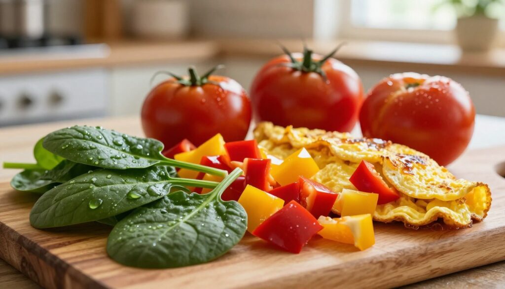 A vibrant assortment of vegetables ideal for an omelet, showcasing bell peppers, spinach, and tomatoes, arranged artfully on a rustic wooden cutting board. In the foreground, lush green spinach leaves glisten with dew, surrounded by finely diced bright red and yellow bell peppers, their glossy skin reflecting soft natural light. In the middle ground, a few whole tomatoes, varying in size, add organic interest. The background features a subtly blurred kitchen scene, with warm, inviting hues and soft sunlight filtering through a window, creating a cozy atmosphere. Capture the freshness and vibrancy of these ingredients, emphasizing their quality for a fluffy, moisture-free omelet. Shoot with a slightly angled perspective to highlight the depth and richness of the colors. A vibrant assortment of vegetables ideal for an omelet, showcasing bell peppers, spinach, and tomatoes, arranged artfully on a rustic wooden cutting board. In the foreground, lush green spinach leaves glisten with dew, surrounded by finely diced bright red and yellow bell peppers, their glossy skin reflecting soft natural light. In the middle ground, a few whole tomatoes, varying in size, add organic interest. The background features a subtly blurred kitchen scene, with warm, inviting hues and soft sunlight filtering through a window, creating a cozy atmosphere. Capture the freshness and vibrancy of these ingredients, emphasizing their quality for a fluffy, moisture-free omelet. Shoot with a slightly angled perspective to highlight the depth and richness of the colors.