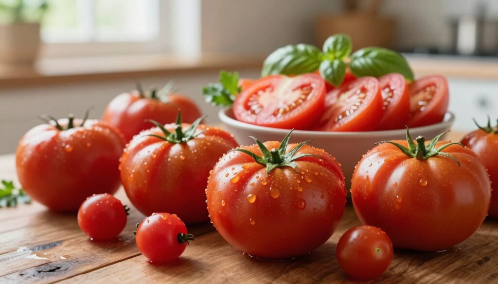 A vibrant, close-up image of ripe tomatoes ideal for freezing, showcasing various tomato varieties such as Roma, cherry, and beefsteak. In the foreground, the tomatoes are scattered on a rustic wooden table, glistening with fresh dew, emphasizing their juiciness. The middle ground features a bowl filled with sliced tomatoes, revealing their bright red flesh, with some herbs like basil and parsley adorning the scene. The background displays a soft-focus kitchen setting, with sunlight streaming through the window, creating a warm and inviting atmosphere. The lens should capture the vivid colors and textures, giving the viewer a sense of freshness and home cooking, ideally in soft, natural light. The overall mood is cozy and nurturing, inspiring the idea of using these tomatoes for preservation.