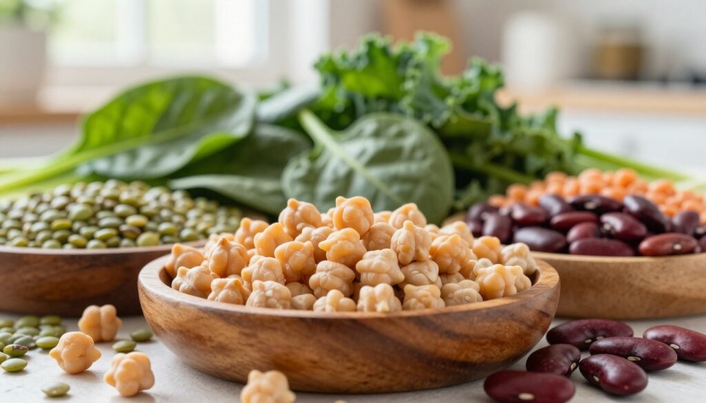 A vibrant composition of various legumes, prominently featuring chickpeas, lentils, and kidney beans as the focal point in the foreground. The beans should be displayed in a rustic wooden bowl with some scattered around, showcasing their diverse shapes and colors. In the middle ground, incorporate leafy greens like spinach and kale, subtly highlighting their role in iron absorption. The background should be softly blurred to suggest a kitchen setting with natural light filtering through a window, creating a warm and inviting atmosphere. Use a shallow depth of field to emphasize the legumes while maintaining a soft focus on the greens. The overall mood should convey a fresh, healthy approach to nutrition, showcasing the beauty and benefits of legumes.
