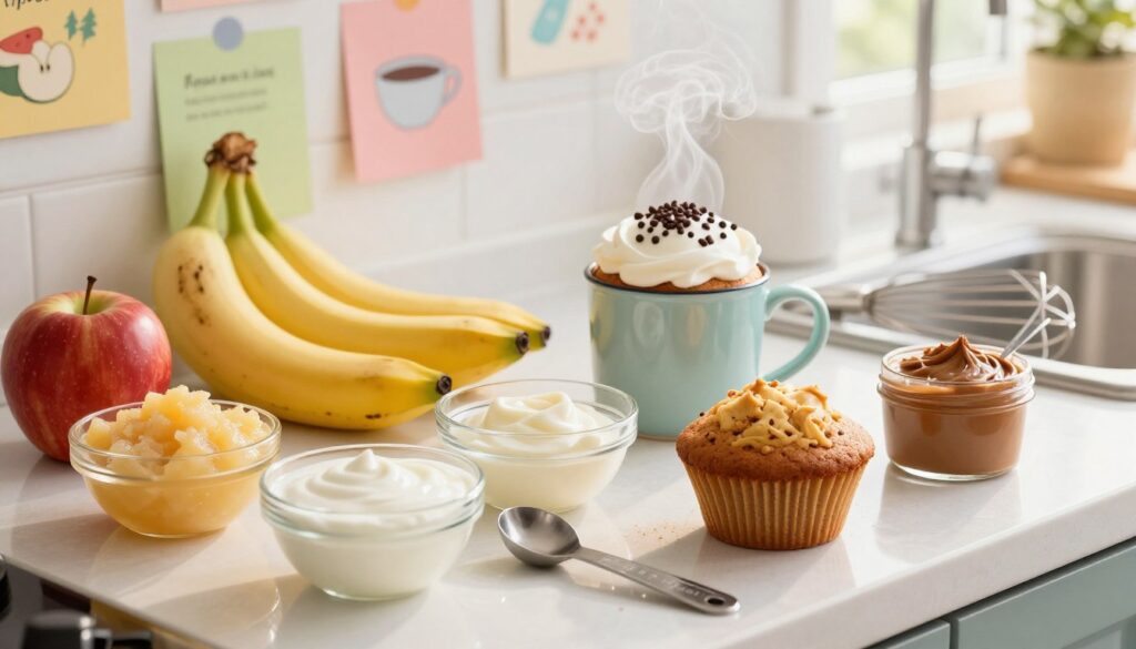 A vibrant kitchen countertop filled with various ingredients representing substitutions in baking, such as applesauce, mashed bananas, yogurt, and nut butters, beautifully arranged in small, clear bowls. In the foreground, a quick mug cake recipe sits beside measuring spoons and a whisk, showcasing an enticingly simple process. The middle ground features a steaming mug of freshly made cake, topped with whipped cream and chocolate sprinkles. The background is softly blurred, with colorful recipe cards and a cozy kitchen ambiance, illuminated by warm, natural light streaming through a window. The scene conveys a cheerful, inviting atmosphere, encouraging creativity in personalizing recipes.