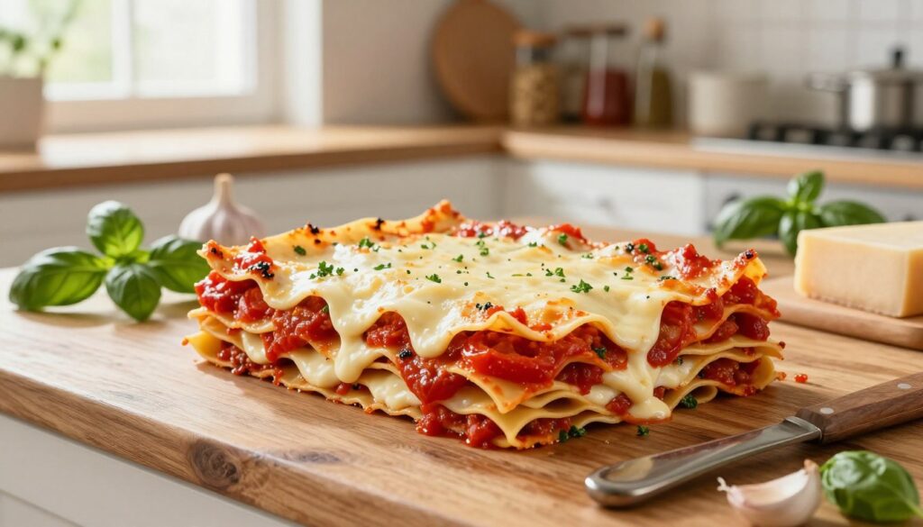 A visually enticing raw lasagna resting on a rustic wooden kitchen counter, showcasing its layers of pasta, rich tomato sauce, creamy béchamel, and melted cheese before baking. The foreground captures the textural details of the uncooked dish, with the contrasting colors of vibrant tomatoes and fresh herbs. In the middle ground, a bright, airy kitchen with natural light streaming in through a window highlights the ingredients scattered around, such as fresh basil, garlic, and parmesan cheese. The background features soft-focus shelves stocked with cookware and spices, creating a homey atmosphere. Shot from a slightly elevated angle to emphasize the lasagna's layers, the scene evokes a sense of warmth and culinary anticipation, inviting the viewer to consider the joys of preparing a beloved meal. A visually enticing raw lasagna resting on a rustic wooden kitchen counter, showcasing its layers of pasta, rich tomato sauce, creamy béchamel, and melted cheese before baking. The foreground captures the textural details of the uncooked dish, with the contrasting colors of vibrant tomatoes and fresh herbs. In the middle ground, a bright, airy kitchen with natural light streaming in through a window highlights the ingredients scattered around, such as fresh basil, garlic, and parmesan cheese. The background features soft-focus shelves stocked with cookware and spices, creating a homey atmosphere. Shot from a slightly elevated angle to emphasize the lasagna's layers, the scene evokes a sense of warmth and culinary anticipation, inviting the viewer to consider the joys of preparing a beloved meal.