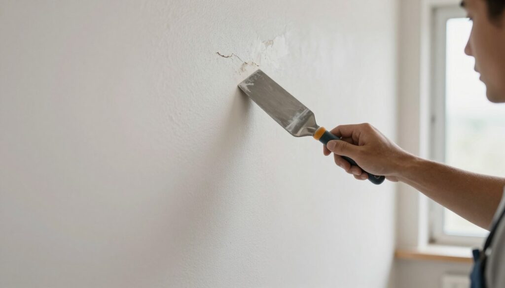 A well-lit, close-up view of a freshly prepared wall surface, showcasing the fine texture and smoothness before applying a finishing compound. The foreground features a professional worker using a putty knife to examine the wall's surface, wearing modest casual clothing. In the middle ground, the wall displays subtle imperfections such as small cracks and uneven areas, illustrating the importance of surface preparation. In the background, soft natural light filters in through a window, highlighting the clean, airy atmosphere of a workspace. The overall mood conveys a sense of professionalism and readiness, emphasizing the meticulous process of wall preparation for applying plaster. The image captures the essence of accuracy and care required in home improvement projects. A well-lit, close-up view of a freshly prepared wall surface, showcasing the fine texture and smoothness before applying a finishing compound. The foreground features a professional worker using a putty knife to examine the wall's surface, wearing modest casual clothing. In the middle ground, the wall displays subtle imperfections such as small cracks and uneven areas, illustrating the importance of surface preparation. In the background, soft natural light filters in through a window, highlighting the clean, airy atmosphere of a workspace. The overall mood conveys a sense of professionalism and readiness, emphasizing the meticulous process of wall preparation for applying plaster. The image captures the essence of accuracy and care required in home improvement projects.