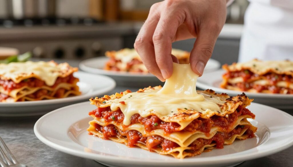 A well-stacked lasagna with layers of vibrant ingredients, prominently featuring rich marinara sauce, creamy béchamel, and perfectly cooked sheets of pasta. In the foreground, a close-up shows a chef's hand delicately placing a layer of cheese on top, embodying the precision needed for even layering. The middle ground reveals several plates arranged with different layers of lasagna, demonstrating stability and structure upon slicing. The background includes a warm kitchen ambiance with soft, natural lighting that highlights the textures of the ingredients. The atmosphere is inviting and appetizing, emphasizing the importance of careful layering for a delightful and perfectly baked dish. A well-stacked lasagna with layers of vibrant ingredients, prominently featuring rich marinara sauce, creamy béchamel, and perfectly cooked sheets of pasta. In the foreground, a close-up shows a chef's hand delicately placing a layer of cheese on top, embodying the precision needed for even layering. The middle ground reveals several plates arranged with different layers of lasagna, demonstrating stability and structure upon slicing. The background includes a warm kitchen ambiance with soft, natural lighting that highlights the textures of the ingredients. The atmosphere is inviting and appetizing, emphasizing the importance of careful layering for a delightful and perfectly baked dish.