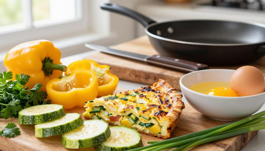 An appealing and vibrant display of fresh ingredients for a frittata featuring zucchini. In the foreground, showcase sliced zucchini, vibrant yellow bell peppers, and beaten eggs in a bowl. Add fresh herbs like parsley and chives scattered around. The middle ground should include a rustic wooden chopping board and a sharp knife, with a frying pan ready on the side. In the background, softly blurred, display a warm kitchen setting with natural light streaming through a window, highlighting the freshness of the ingredients. The mood is inviting and homey, perfect for a quick meal preparation scene. Use a slight top-down angle to capture the composition, focusing on the textures and colors of the ingredients.