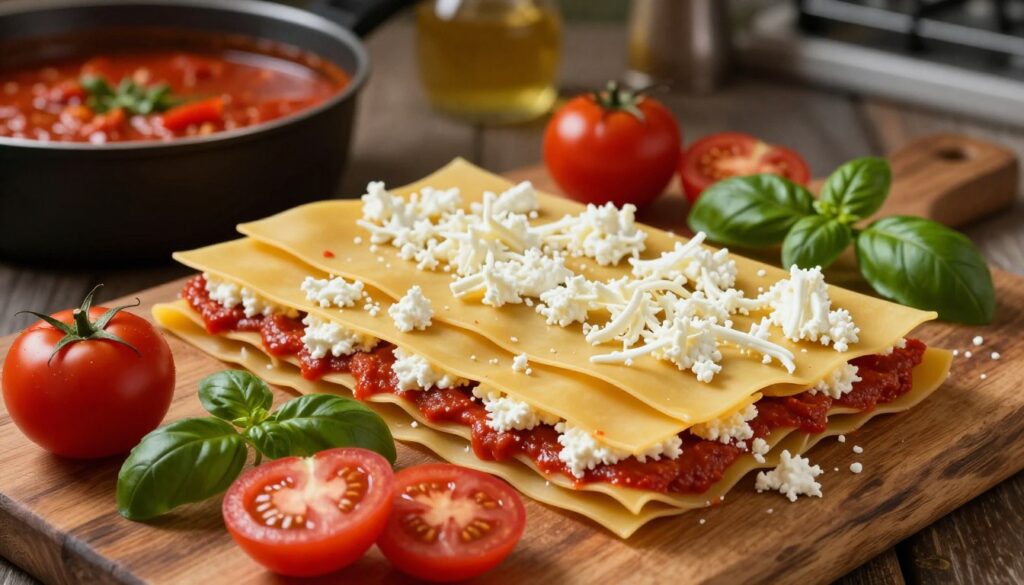 Detailed overhead view of an array of lasagna ingredients artfully arranged on a rustic wooden table. In the foreground, sliced fresh tomatoes and vibrant green basil leaves create a colorful contrast. The middle layer showcases layers of lasagna noodles, creamy ricotta cheese, a rich homemade tomato sauce, and shredded mozzarella, arranged meticulously to illustrate the ideal layering technique. The background provides a blurred view of a pot simmering with bubbling marinara sauce to evoke a warm cooking atmosphere. Soft, warm lighting creates inviting shadows, enhancing the textures of the ingredients. The overall mood is warm and inviting, suggesting a cozy kitchen environment that communicates the importance of quality ingredients in constructing a perfect lasagna.