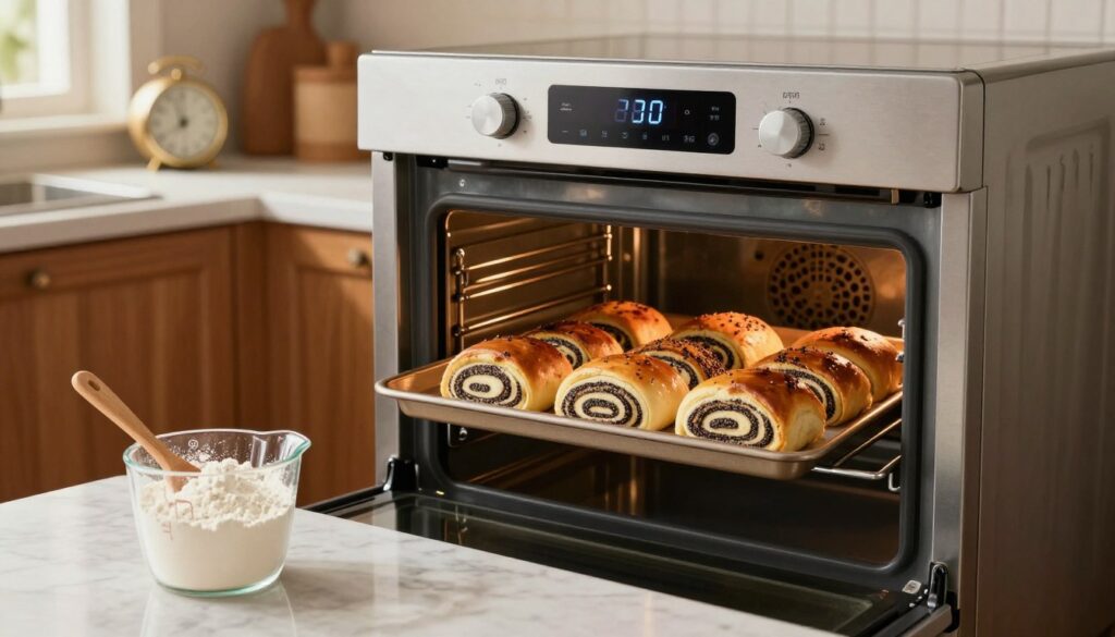 A beautiful kitchen setting showcasing an oven with a digital temperature display set to a precise baking temperature for a rolled poppy seed cake. In the foreground, a measuring cup filled with flour and a wooden spoon sit on a marble countertop, highlighting the ingredients. The middle features the oven open slightly, revealing a perfectly baked poppy seed roll with a golden-brown crust, expertly arranged on a baking tray. The background features warm, inviting kitchen elements like wooden cabinets and a classic kitchen timer, softly illuminated by ambient light filtering through a window. The overall mood is cozy and inviting, capturing the essence of home baking.