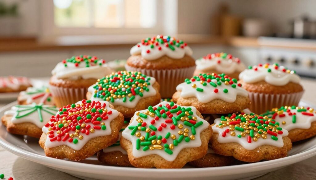 A beautifully arranged assortment of gingerbread cookies adorned with colorful "posypka cukrowa" sprinkles. In the foreground, focus on a few cookies topped with bright red, green, and gold sprinkles, showcasing the texture and shine of the sugar. The middle ground features a slightly blurred plate overflowing with a variety of desserts, like cupcakes and cakes, each featuring the same vibrant sprinkles for a unified, festive look. In the background, a softly lit kitchen setting, with warm sunlight filtering through a window and casting a gentle glow. The mood is cheerful and inviting, evoking feelings of warmth and celebration, perfect for the holiday season.