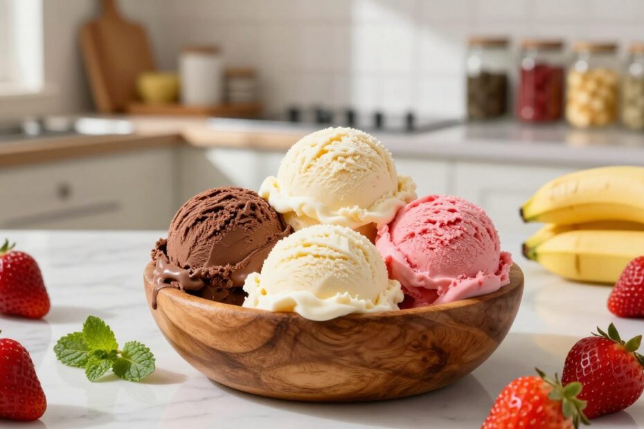 A beautifully arranged assortment of homemade ice creams in various flavors, showcasing vibrant colors and textures. In the foreground, three scoops of rich chocolate, creamy vanilla, and bright strawberry ice cream are artistically displayed in a rustic wooden bowl. Surrounding the bowl, fresh fruits like strawberries, bananas, and mint leaves add a touch of natural beauty. In the middle, a smooth marble countertop reflects a soft light, creating a warm, inviting atmosphere. The background features a sunlit kitchen with shelves adorned with simple kitchen tools and jars of colorful ingredients, enhancing the homemade feel. The image is shot from a slightly elevated angle, giving a clear view of the ice cream and the surrounding elements. The overall mood is friendly and approachable, perfect for inspiring readers to try making ice cream at home.