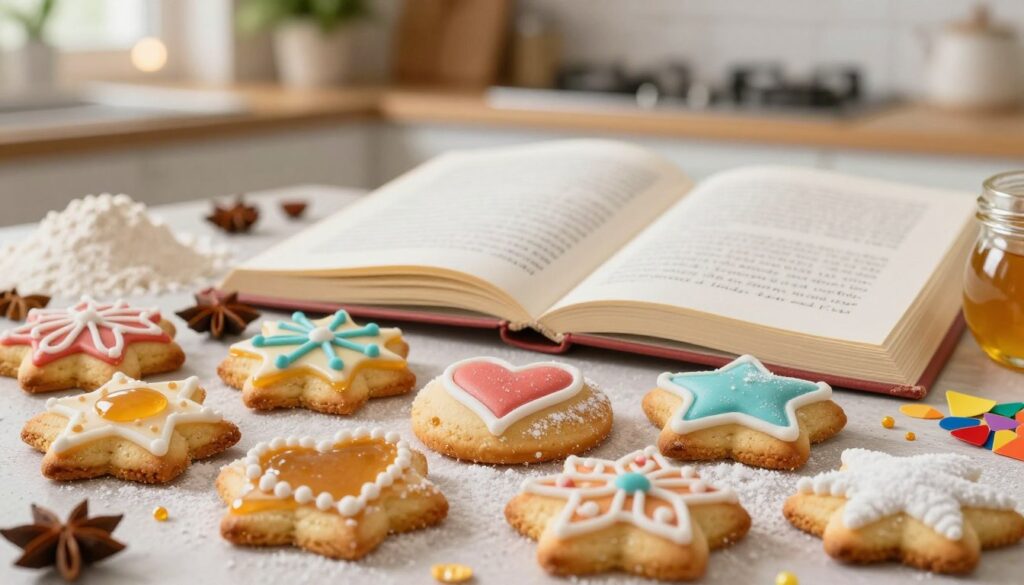 A beautifully arranged assortment of soft, freshly baked Polish pierniczki, featuring intricate, festive icing designs in various shapes, such as hearts and stars. In the foreground, display several golden-brown cookies dusted with powdered sugar, showcasing a glossy honey glaze. The middle ground should feature an open book with handwritten recipes alongside scattered ingredients, like flour, honey, aromatic spices, and colorful decorations. The background is a softly blurred kitchen setting, warm and inviting, with touches of greenery and cozy lighting from an overhead fixture. Capture a warm, welcoming atmosphere, conveying the joy of baking and the deliciousness of these traditional treats, with a focus on flavor and texture.