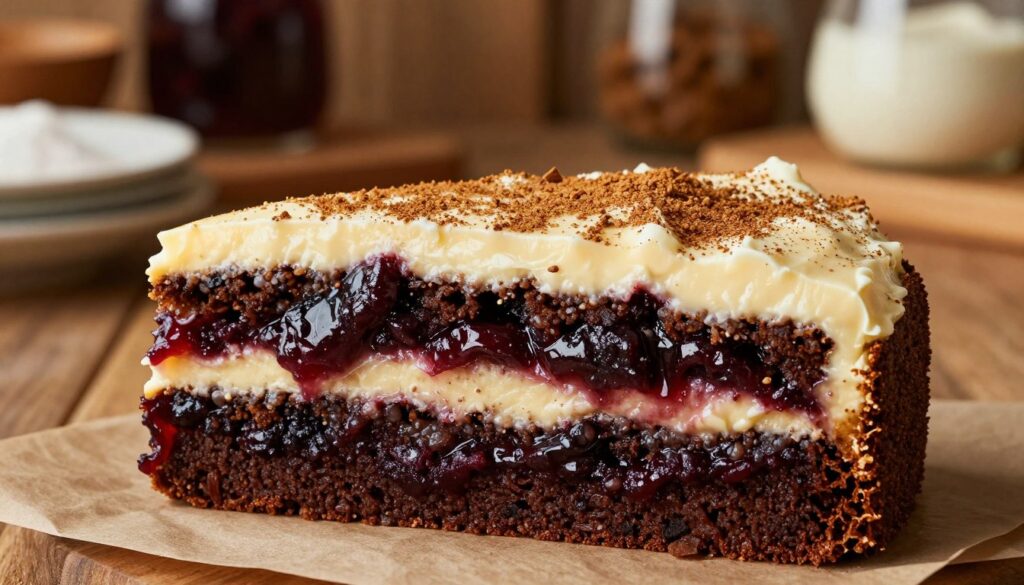 A beautifully arranged close-up of layers of spiced Canadian gingerbread cake, showcasing rich, dark plum preserves spread generously between each moist layer. The foreground features a slice of the cake with visible textures, illuminated by warm, soft lighting to highlight the glossy sheen of the plum preserves. In the middle, a delicate cream layer complements the dark tones of the cake, with hints of ground spices dusted lightly on top. The background hints at a rustic kitchen setting, with warm wooden tones and a blurred assortment of baking ingredients, creating an inviting and cozy atmosphere. The overall mood captures the essence of comfort and indulgence in baking.