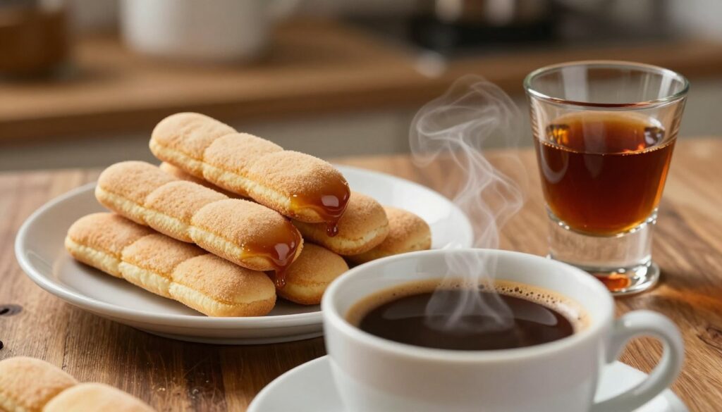 A beautifully arranged coffee setup featuring a steaming cup of rich, dark espresso in the foreground, accompanied by a small elegant glass of amaretto liqueur. In the middle, a delicate plate of freshly dipped ladyfinger biscuits lies partially immersed in the coffee, showcasing their glossy, syrupy texture. The background is softly blurred with hints of a rustic kitchen setting, warm wooden tones, and soft ambient lighting that creates a cozy atmosphere. Capture a close-up shot with a shallow depth of field, emphasizing the details of the coffee and bisquit while maintaining a warm, inviting mood, ideal for evoking a sense of culinary delight and indulgence.
