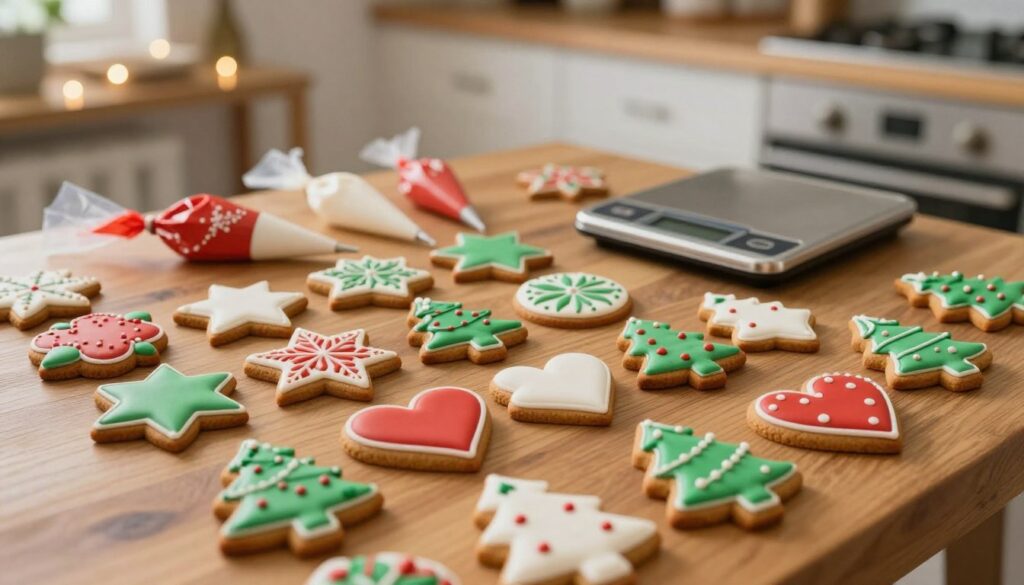 A beautifully arranged collection of gingerbread cookies decorated with intricate icing patterns that look professional and flawless. The foreground features an array of cookies in various shapes like stars, hearts, and Christmas trees, all elegantly adorned with various colors of icing: crimson, emerald, and ivory. The middle showcases a wooden table with delicate icing piping bags and a digital scale for precise measurements. Soft, warm lighting creates a cozy atmosphere, enhancing the festive colors and details of the cookie designs. In the background, a blurred kitchen setting hints at a homey baking environment, with fairy lights strung across the shelves. The angle is a top-down view that highlights the artistry of each cookie and the inviting workspace. A beautifully arranged collection of gingerbread cookies decorated with intricate icing patterns that look professional and flawless. The foreground features an array of cookies in various shapes like stars, hearts, and Christmas trees, all elegantly adorned with various colors of icing: crimson, emerald, and ivory. The middle showcases a wooden table with delicate icing piping bags and a digital scale for precise measurements. Soft, warm lighting creates a cozy atmosphere, enhancing the festive colors and details of the cookie designs. In the background, a blurred kitchen setting hints at a homey baking environment, with fairy lights strung across the shelves. The angle is a top-down view that highlights the artistry of each cookie and the inviting workspace.