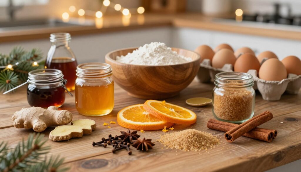 A beautifully arranged collection of gingerbread ingredients on a rustic wooden table, showcasing a warm and inviting holiday atmosphere. In the foreground, display a variety of spices such as ground ginger, cinnamon, and cloves, alongside honey and molasses in clear glass jars. Freshly grated orange zest and brown sugar offer vibrant colors. In the middle ground, include a wooden mixing bowl filled with flour and baking soda, surrounded by eggs in their carton. The background features softly glowing twinkling fairy lights draped around a cozy kitchen setting, with faint hints of green pine branches. The warm, soft lighting creates a welcoming ambiance, ideal for holiday baking. Capture the scene from a slightly elevated angle to emphasize the arrangement, inviting viewers to immerse in the festive spirit of gingerbread preparation.