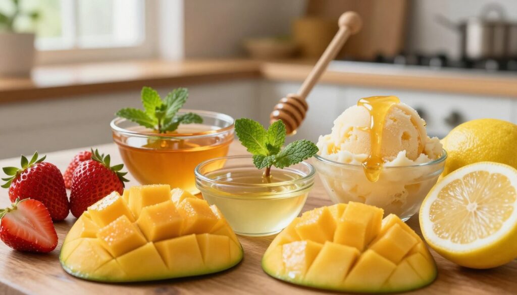 A beautifully arranged collection of sorbet ingredients, featuring vibrant fruits like ripe strawberries, mangoes, and zesty lemons in the foreground, glistening with freshness. In the middle, display bowls of natural sweeteners like honey and agave syrup, alongside sprigs of fresh mint and a scoop of icy sorbet. The background should be softly blurred, showcasing a rustic kitchen setting with natural wood elements and warm, inviting light filtering through a window, creating a cozy atmosphere. Use a close-up composition to emphasize the textures and colors of the ingredients, capturing the essence of making delicious, creamy sorbets. The overall mood should be bright, refreshing, and appetizing.