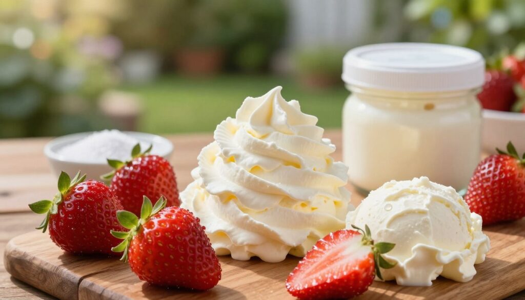 A beautifully arranged composition of fresh strawberries, a dollop of rich cream, a tub of mascarpone cheese, and a small bowl of sugar. In the foreground, glistening ripe strawberries with droplets of water enhance their freshness, while creamy mascarpone sits elegantly nearby. The middle layer features a generous swirl of whipped cream that is light and airy, creating a contrast with the more dense mascarpone. In the background, soft natural light filters through, casting a warm glow on the ingredients, evoking a vibrant summer atmosphere. The setting is a rustic wooden table with a blurred backyard garden softly in focus, suggesting a serene, inviting kitchen scene perfect for making homemade strawberry ice cream.
