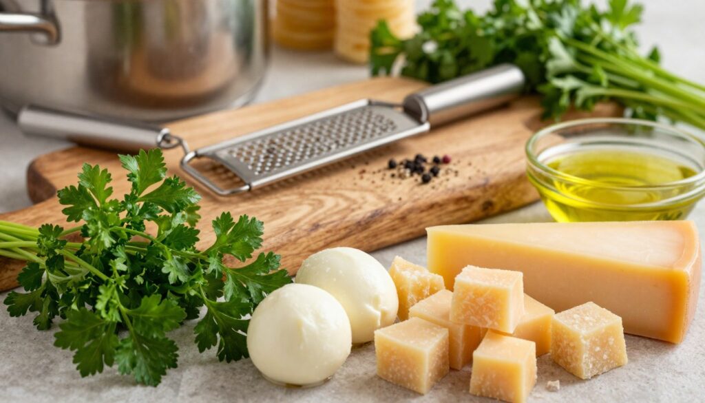 A beautifully arranged culinary scene showcasing fresh parsley and various cheeses to represent a rich, creamy cheese sauce for pasta. In the foreground, vibrant green parsley sprigs are artfully placed next to an assortment of cheeses, such as creamy mozzarella, sharp cheddar, and rich parmesan, cut into elegant cubes. The middle features a rustic wooden cutting board with a stainless steel cheese grater, a handful of cracked black pepper, and a small bowl of olive oil, highlighting the preparation process. In the background, soft-focus kitchen elements like a pasta pot and herbs add depth. Warm, inviting lighting creates a cozy atmosphere, reminiscent of a home kitchen, while a slight overhead angle captures the entire composition harmoniously. A beautifully arranged culinary scene showcasing fresh parsley and various cheeses to represent a rich, creamy cheese sauce for pasta. In the foreground, vibrant green parsley sprigs are artfully placed next to an assortment of cheeses, such as creamy mozzarella, sharp cheddar, and rich parmesan, cut into elegant cubes. The middle features a rustic wooden cutting board with a stainless steel cheese grater, a handful of cracked black pepper, and a small bowl of olive oil, highlighting the preparation process. In the background, soft-focus kitchen elements like a pasta pot and herbs add depth. Warm, inviting lighting creates a cozy atmosphere, reminiscent of a home kitchen, while a slight overhead angle captures the entire composition harmoniously.