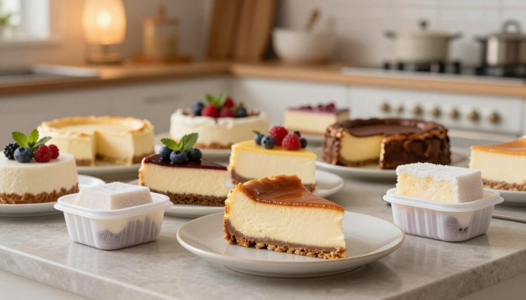 A beautifully arranged dessert table featuring various types of cheesecake suitable for freezing, set against a softly lit kitchen backdrop. In the foreground, prominently display a rich, glossy slice of traditional cheesecake on a delicate porcelain plate, with a few frozen slices in dessert containers nearby, showcasing their textures. The middle section includes a variety of cheesecakes, such as fruity, chocolate, and original flavors, artfully garnished with fresh berries and mint leaves. In the background, hint of a cozy kitchen ambiance with warm lighting and wooden shelves filled with baking supplies. The atmosphere is inviting and warm, reflecting a wholesome home baking experience, encouraging the viewer to consider the freezing possibilities of these delicious desserts. Use a shallow depth of field to focus on the cheesecakes, creating a soft bokeh effect in the background.