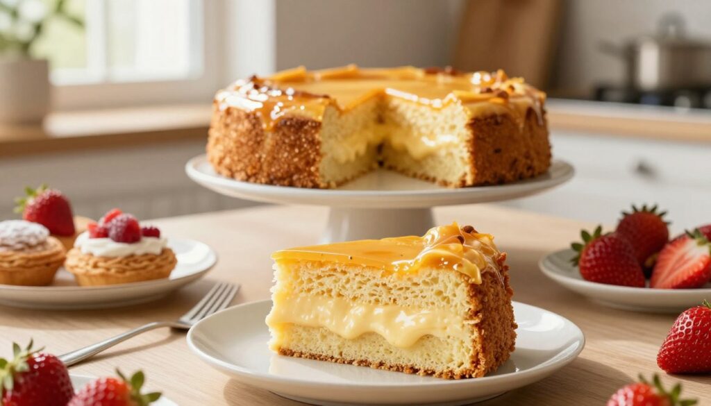 A beautifully arranged display of "ciasta kremem budyniowym," showcasing a delicious custard cream cake. The foreground features a slice of the cake, revealing its layers of soft sponge and creamy custard filling, glistening with a light sheen. The middle ground includes a whole cake on an elegant cake stand, surrounded by delicate pastries and fresh strawberries, emphasizing its inviting texture and flavors. The background is softly blurred to highlight the cake, with a warm and cozy kitchen setting illuminated by natural light pouring in from a window, creating a welcoming atmosphere. The image captures the essence of indulgence and the joy of baking, evoking a sense of nostalgia and comfort in dessert.