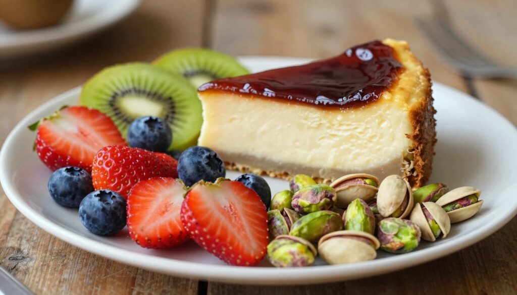 A beautifully arranged display of colorful fruits, nuts, and pistachios artfully presented on a fine porcelain plate. In the foreground, vibrant slices of fresh strawberries, blueberries, and kiwi are joined by elegant, green pistachios, their shells slightly cracked open. The middle ground features a creamy, decadent cheesecake topped with a glossy fruit glaze, reflecting light softly. In the background, a blurred hint of a rustic wooden table enhances the homely yet sophisticated atmosphere. Soft, warm lighting illuminates the scene, casting gentle shadows and highlighting the textures of the fruits and the smooth cheesecake. The overall mood is inviting and cheerful, embodying a touch of elegance without being overwhelming.