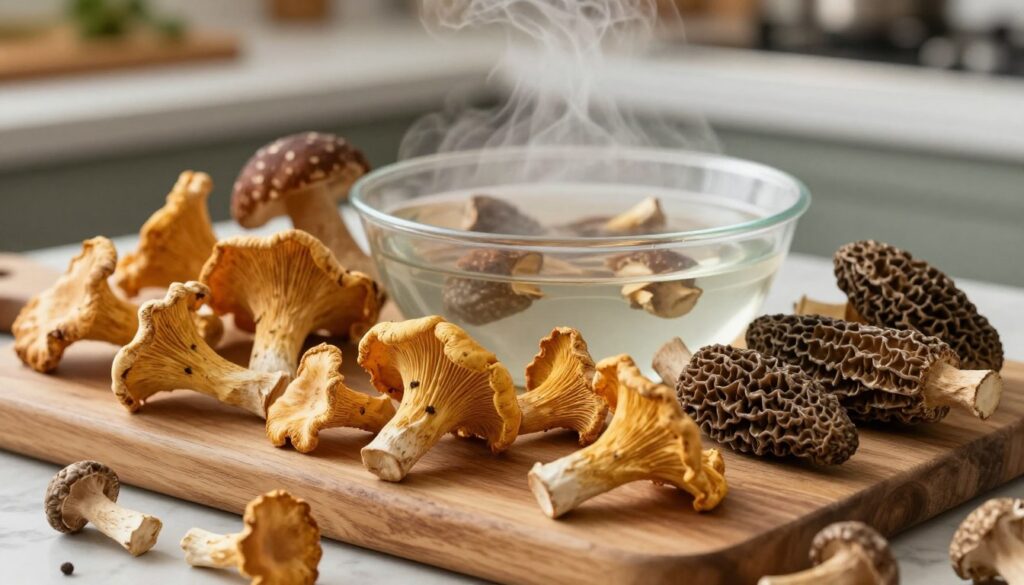 A beautifully arranged display of dried mushrooms, showcasing a variety of textures and shapes, such as chanterelles, porcini, and morels. In the foreground, a textured wooden cutting board serves as a base, with mushrooms artfully placed and some scattered around. In the middle ground, a bowl filled with water indicates the soaking process, while wisps of steam rise gently, suggesting warmth. The background features soft, blurred kitchen elements like a marble countertop and subtle hints of herbs and spices, creating a cozy cooking atmosphere. Soft, natural lighting enhances the warmth and texture of the mushrooms, evoking a sense of home and culinary expertise. The overall mood is inviting and serene, perfect for a cooking context.