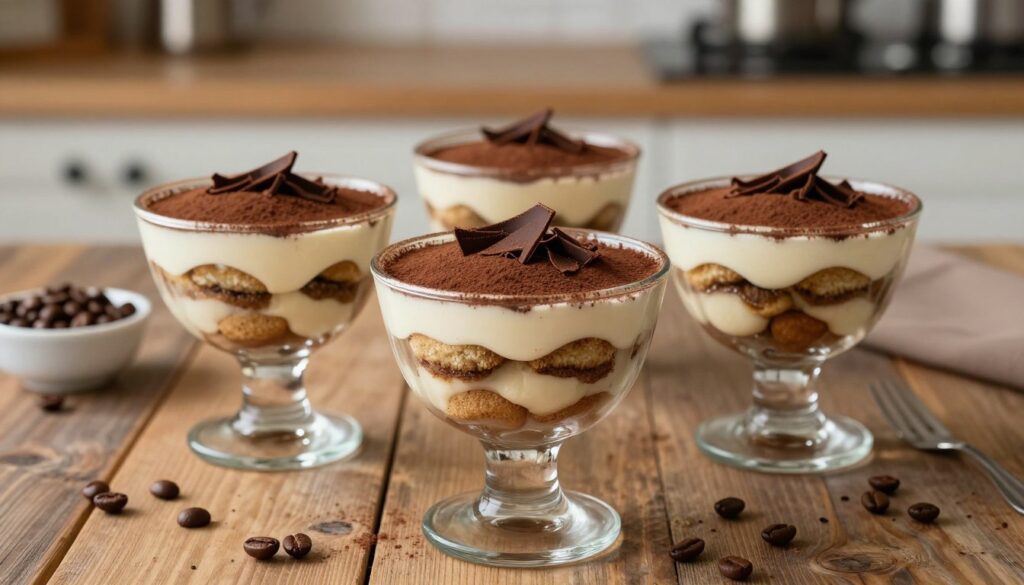 A beautifully arranged display of individual tiramisu servings in elegant glass parfait cups. Each cup layered with rich espresso-soaked ladyfingers and creamy mascarpone, topped with a light dusting of cocoa powder and delicate chocolate shavings. In the foreground, focus on three or four parfaits, showcasing their creamy texture and attractively layered appearance. The middle ground hints at a rustic wooden table adorned with fresh coffee beans and a small bowl of cocoa. The background features softly blurred kitchen elements, providing a warm, inviting atmosphere with soft, natural lighting. The overall mood is cozy and sophisticated, perfect for entertaining guests. Use a slightly low angle to capture the depth and detail of the tiramisu layers, emphasizing the tantalizing presentation.