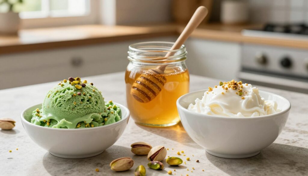 A beautifully arranged display of pistachio ice cream ingredients. In the foreground, a small bowl of vibrant green pistachios, some whole and others crushed, glistening with a fresh sheen. Beside it, a silky white bowl containing creamy ice, scattering crumbs. In the middle, a glass jar filled with natural and organic sweeteners, such as honey or agave syrup, with a wooden spoon resting inside. A backdrop of a rustic kitchen counter, softly illuminated by warm, natural light streaming through a nearby window, creating a cozy and inviting atmosphere. The scene conveys a sense of homemade authenticity, perfect for making rich, natural pistachio ice cream without artificial flavors, highlighting the simplicity and freshness of the ingredients.