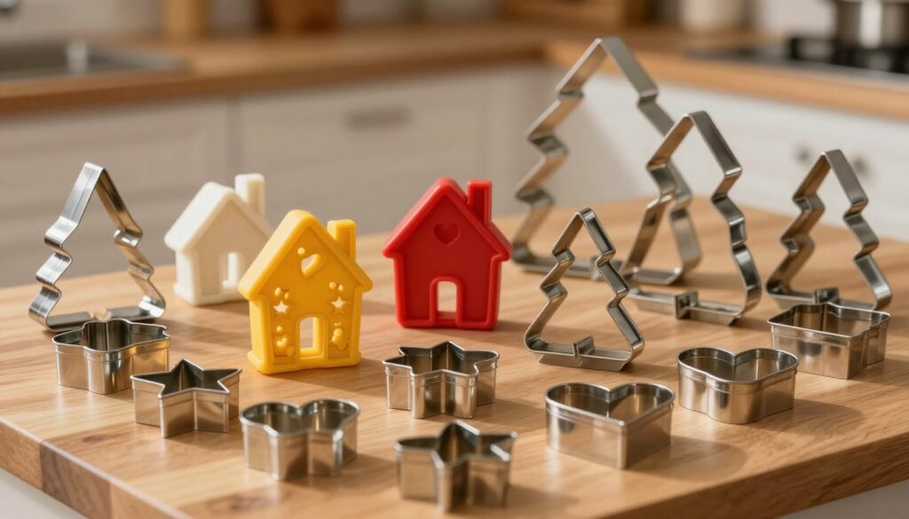 A beautifully arranged display of various 3D cookie cutters of different sizes, showcasing small, medium, large, and very large shapes. In the foreground, focus on intricate details of the smallest cutters, featuring festive designs like stars and hearts, crafted from shiny metal. In the middle ground, the medium-sized cutters are displayed with bold colors, exhibiting unique shapes such as gingerbread houses and trees. The large and very large cutters are in the background, highlighting their imposing size. Soft, warm lighting illuminates the scene, casting gentle shadows that enhance the textures of the metal. The composition has a cozy kitchen atmosphere, with a wooden countertop as the base, evoking a sense of creativity and holiday cheer.