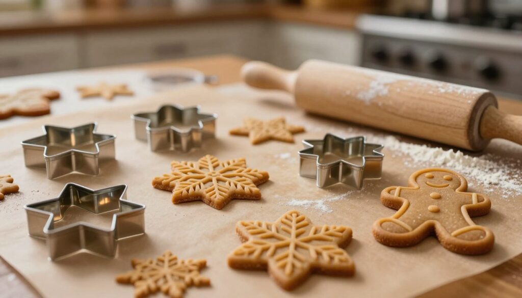 A beautifully arranged display of various cookie cutters featuring intricate stamping designs, specifically for gingerbread baking. In the foreground, showcase a few unique stamp-style cutters with detailed patterns including snowflakes, stars, and gingerbread men. The middle ground reveals a wooden rolling pin dusted with flour, hinting at an inviting baking atmosphere. The background features a blurred kitchen with warm, ambient lighting that enhances the cozy mood. A subtle glow illuminates the cutters, emphasizing their sharp edges and fine details. The image captures a sense of creativity and craftsmanship, inviting the viewer to explore the art of baking with precision tools.