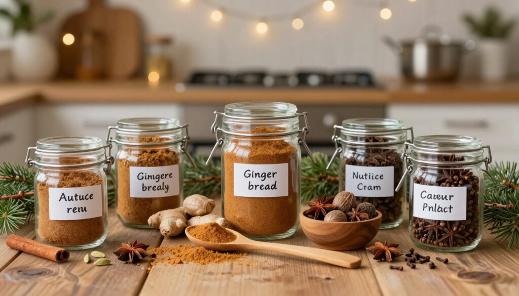 A beautifully arranged display of various spices used in making gingerbread seasoning, set on a rustic wooden table. In the foreground, there are jars filled with ground cinnamon, ginger, nutmeg, allspice, and cloves, artfully labeled. In the middle, a wooden spoon rests beside a small bowl showcasing whole spices like star anise and cardamom pods. The background features a softly blurred kitchen setting adorned with twinkling fairy lights and sprigs of fresh herbs, enhancing the warm ambiance. The lighting is warm and inviting, reminiscent of a cozy kitchen in winter. The focus is sharp on the spices, highlighting their textures and colors, while the bokeh background creates a festive atmosphere ideal for holiday baking. A beautifully arranged display of various spices used in making gingerbread seasoning, set on a rustic wooden table. In the foreground, there are jars filled with ground cinnamon, ginger, nutmeg, allspice, and cloves, artfully labeled. In the middle, a wooden spoon rests beside a small bowl showcasing whole spices like star anise and cardamom pods. The background features a softly blurred kitchen setting adorned with twinkling fairy lights and sprigs of fresh herbs, enhancing the warm ambiance. The lighting is warm and inviting, reminiscent of a cozy kitchen in winter. The focus is sharp on the spices, highlighting their textures and colors, while the bokeh background creates a festive atmosphere ideal for holiday baking.