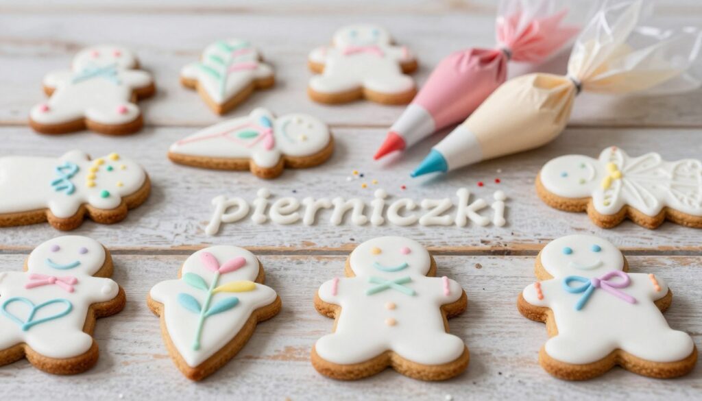 A beautifully arranged flat lay of freshly baked "pierniczki" (gingerbread cookies), each shaped uniquely with intricate patterns, covered in smooth white icing. The foreground features several cookies adorned with delicate designs in pastel colors, emphasizing symmetry and precision in decoration. In the middle, a set of tools — pastry bags, icing in various colors, and sprinkles — are artfully scattered to depict the preparation process. The background includes a softly blurred rustic wooden table, subtly accentuating the warmth of the scene. Soft, diffused lighting enhances the textures of the icing and cookies, creating an inviting and festive atmosphere, perfectly suited for a baking article about decorating gingerbread without excess. A beautifully arranged flat lay of freshly baked "pierniczki" (gingerbread cookies), each shaped uniquely with intricate patterns, covered in smooth white icing. The foreground features several cookies adorned with delicate designs in pastel colors, emphasizing symmetry and precision in decoration. In the middle, a set of tools — pastry bags, icing in various colors, and sprinkles — are artfully scattered to depict the preparation process. The background includes a softly blurred rustic wooden table, subtly accentuating the warmth of the scene. Soft, diffused lighting enhances the textures of the icing and cookies, creating an inviting and festive atmosphere, perfectly suited for a baking article about decorating gingerbread without excess.