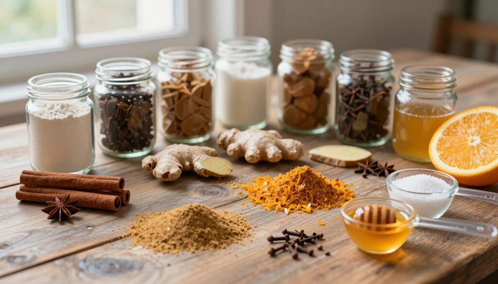 A beautifully arranged flat lay of gingerbread ingredients on a rustic wooden table, showcasing a variety of spices like cinnamon sticks, ground ginger, and cloves in glass jars. Include flour, sugar, and honey in charming measuring cups alongside a sprig of fresh orange zest for a pop of color. In the background, soft, natural light filters through a nearby window, creating a warm and inviting atmosphere. Position the ingredients artfully, with some scattered for a natural look, while enhancing the vivid colors and textures. Capture the scene with a shallow depth of field, focusing on the ingredients in the foreground, while softly blurring the background to emphasize the richness and warmth of the ingredients used to create aromatic gingerbread.