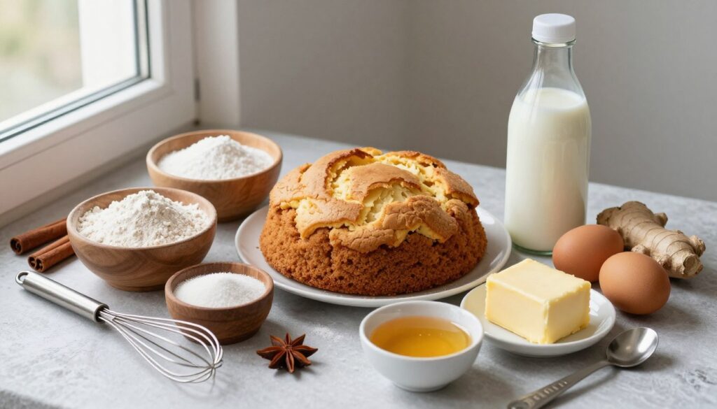 A beautifully arranged flat lay of ingredients for a fluffy and delicate gingerbread cake, featuring bowls of flour, sugar, and spices like cinnamon and ginger, alongside a bottle of buttermilk. Include fresh eggs, a stick of butter, and a small bowl of honey for added sweetness. Surround the ingredients with rustic kitchen utensils like a whisk and measuring spoons, creating a warm and inviting atmosphere. Soft natural lighting from a nearby window highlights the textures of the ingredients, adding a homely feel to the scene. Capture this from a slightly elevated angle to emphasize the composition, evoking the essence of cozy baking with a touch of elegance.