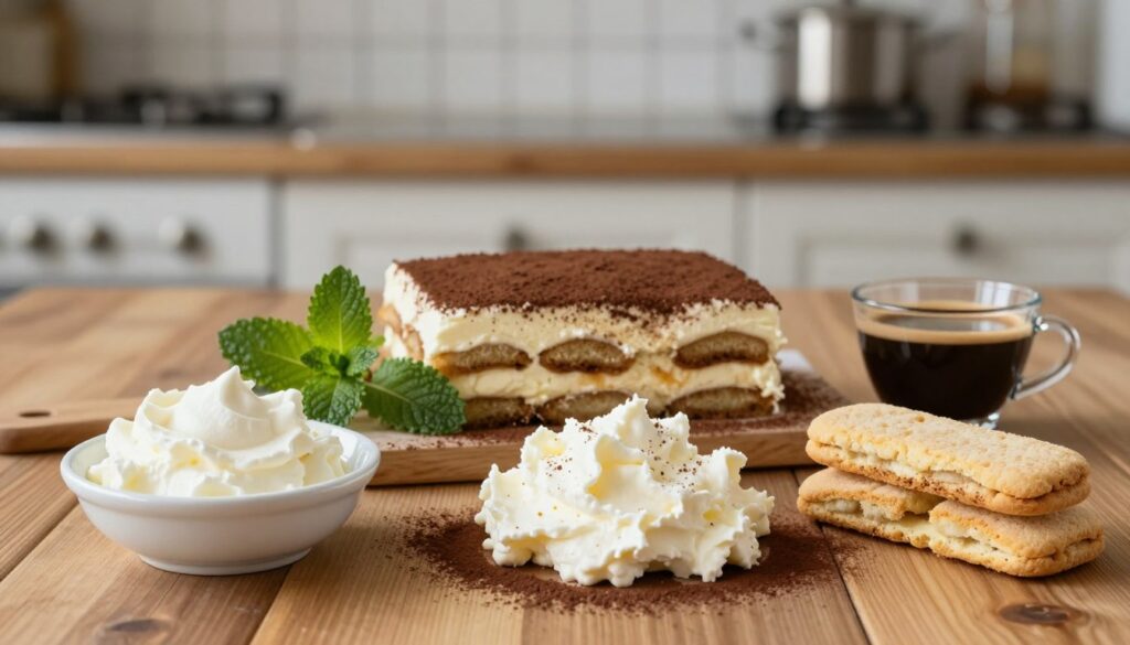 A beautifully arranged flat lay of ingredients for a light tiramisu featuring mascarpone cheese. In the foreground, a creamy mound of mascarpone is accompanied by fresh whipped cream in a bowl, delicate layers of savoiardi biscuits, and a small dish of rich espresso. The middle layer showcases sprigs of fresh mint and a dusting of cocoa powder, hinting at the final touches of the dessert. The background is softly blurred, depicting a rustic kitchen with warm, natural lighting that creates a cozy atmosphere. A wooden table surface adds texture, enhancing the inviting feel. Capture the essence of homemade goodness and the joy of creating a no-bake dessert.