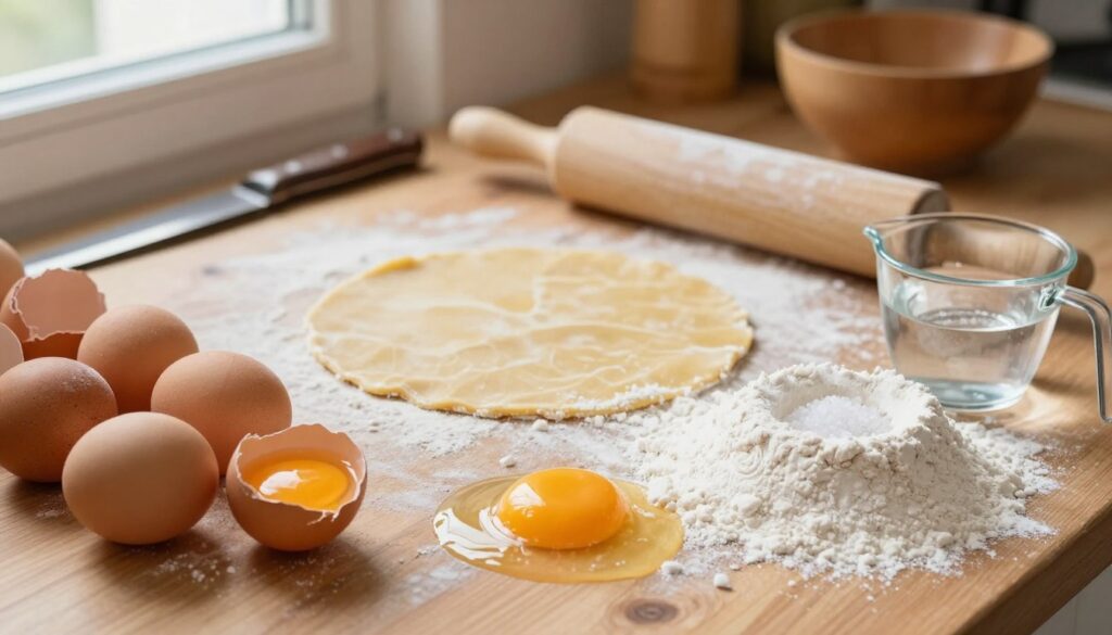 A beautifully arranged flat lay of ingredients for homemade egg pasta, focusing on a wooden countertop. In the foreground, show fresh eggs in their shells, some cracked open with yolks gleaming, alongside a mound of white flour dusted lightly. A measuring cup filled with water and a sprinkle of salt complement the scene. In the middle ground, include a rolling pin and a sheet of pasta dough, rolled out thinly and slightly wrinkled, hinting at the handmade process. The background should softly blur, revealing rustic kitchen tools like a knife and a bowl, all illuminated by warm, natural light from a nearby window, creating a cozy, inviting atmosphere that highlights the essence of Italian cooking. A beautifully arranged flat lay of ingredients for homemade egg pasta, focusing on a wooden countertop. In the foreground, show fresh eggs in their shells, some cracked open with yolks gleaming, alongside a mound of white flour dusted lightly. A measuring cup filled with water and a sprinkle of salt complement the scene. In the middle ground, include a rolling pin and a sheet of pasta dough, rolled out thinly and slightly wrinkled, hinting at the handmade process. The background should softly blur, revealing rustic kitchen tools like a knife and a bowl, all illuminated by warm, natural light from a nearby window, creating a cozy, inviting atmosphere that highlights the essence of Italian cooking.